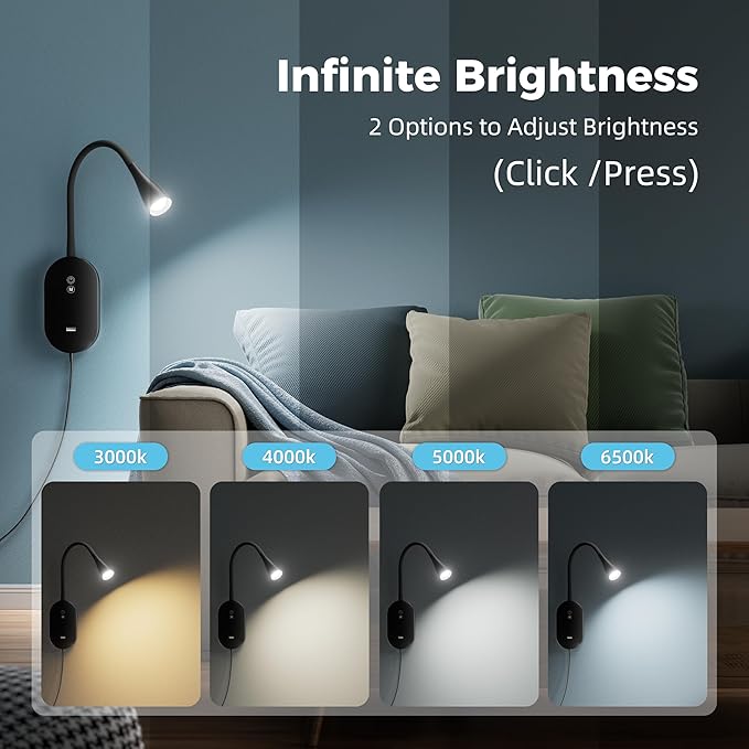 deeloop LED Wall Mount Reading Lamp, CRI 95+ Wall Sconce Light with 10W USB Output，4 Color 5 Dimming Touch Control Wall Lamps with 4 Hours Auto-Off Bed Lighting Spotlight Black
