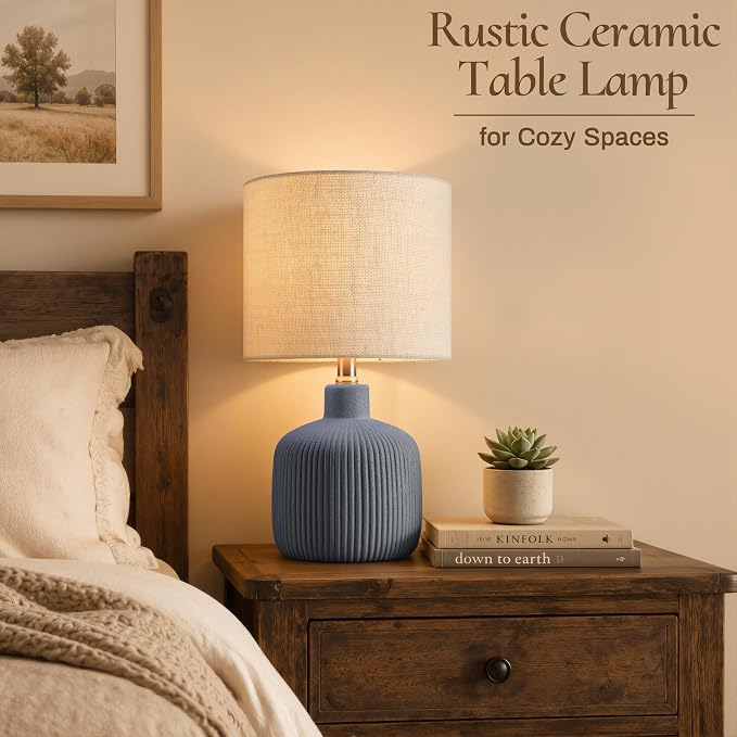 Ceramic Table Lamp, 17.75" Nautical Bedside Lamp with Beige Linen Shade, Warm Ambient Nightstand Lighting for Beach House, Navy Blue