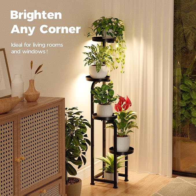 Bamworld Plant Stand with Grow Light Corner Metal Flower Pot Stands | 4 Tier Plant Shelf with Grow Lights for Patio Garden Balcony Living Room Bedroom(Patent Design)