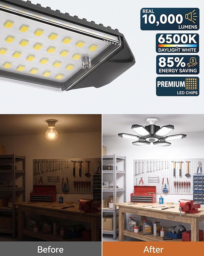 LED Garage Lights, 100W 10000LM Super Bright Light Bulb, 40000LM Total Garage Ceiling Lights for Large Workshop Barn Warehouse, 6 Deformable Panels LED Shop Lights, E26/E27 Screw in- 4 Pack