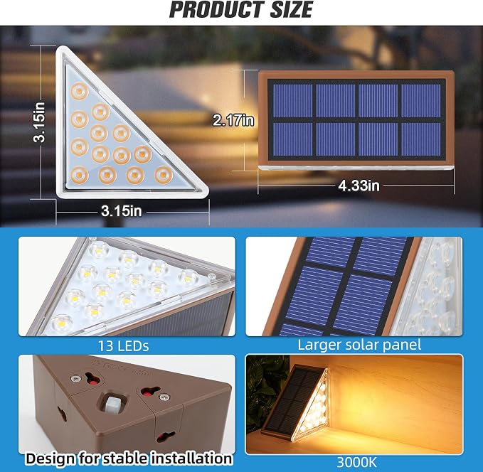 Solar Stair Lights,Warm White Outdoor Step Lights IP67 Waterproof Auto On Off, Outdoor Stair Lights for Steps,Stair,Patio,Yard,Porch,Front Door,Sidewalk,Deck Decor（Brown, 16 Pack）