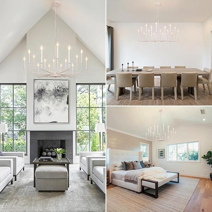 French Country Chandelier, 16 Light Farmhouse Chandeliers for Dining Room Lighting Fixtures Hanging, White Chandelier Light Fixture, Industrial Chandeliers for Living Room Kitchen Staircase Foyer