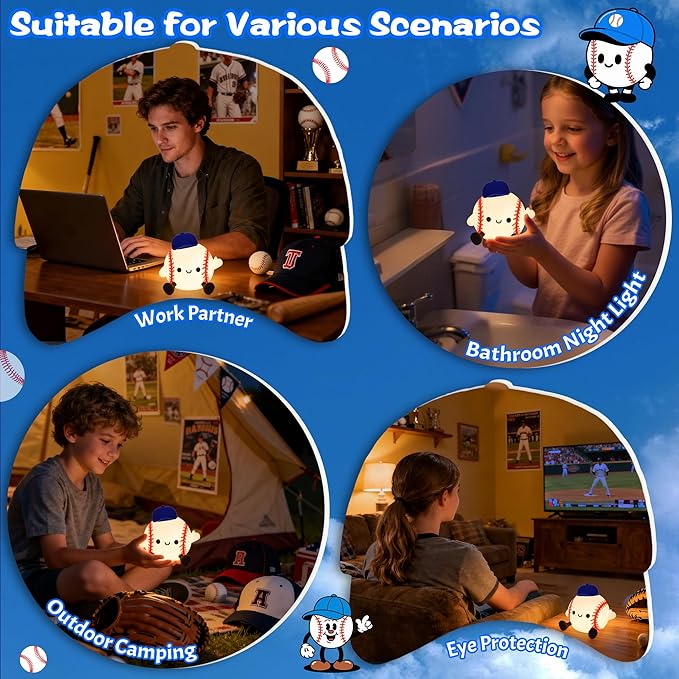 Baseball Night Light, Silicone Touch Control Lamp USB Rechargeable with Timer & Brightness Adjustment, Ideal for Breastfeeding Creates Glow for All Ages Baseball Lovers