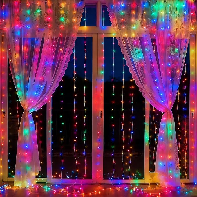300LED Fairy Curtain Lights 9.8ft x 9.8ft LED Dimmable Twinkle Lights | with Remote and Timer USB Plug in 8 Modes String Lights for Bedroom Indoor Outdoor Party Christmas Decor, Multicolor