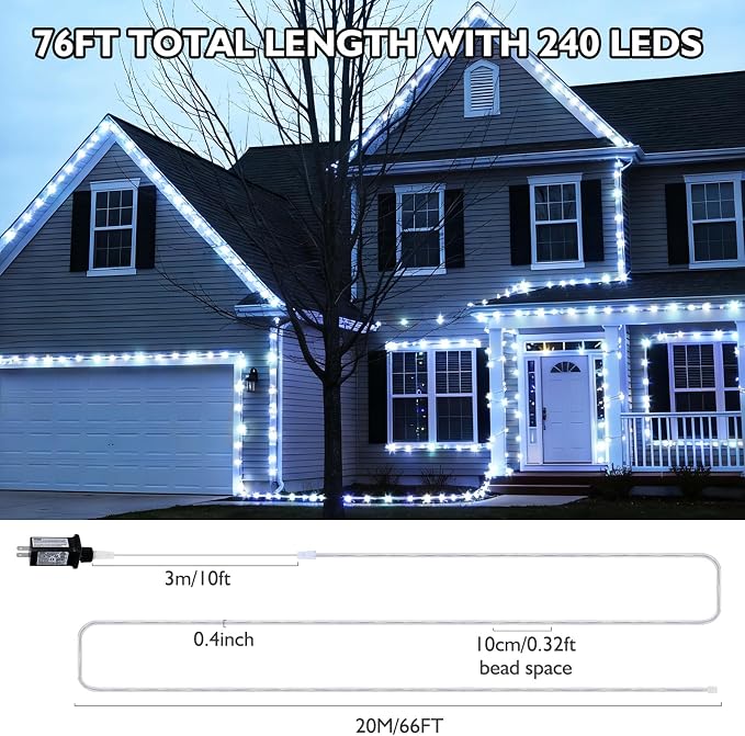 66FT 240LED Rope Lights Outdoor, Outside LED Rope Lights Plug in String Lights Waterproof 8 Modes Clear Tube Lights for RV Camping Pool Patio Yard Garden Christmas Tree Holiday Decoration(Warm White)
