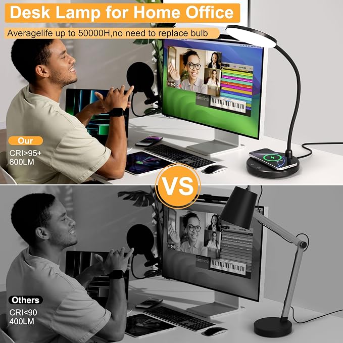 10W Wireless Charger Desk Lamps, Home Office, 800LM CRI95+,Black | Eye-Caring Led Desk Lamp with 3 Color Change, Dimmable, Adjustable Arm Table Lamp for Bedside, College Dorm, with Adapter