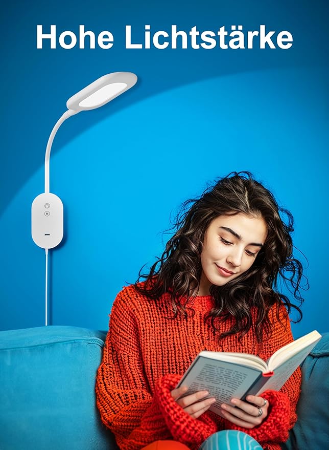 Wall Mounted Reading Light, Book Lights for Reading in Bed with CRI 95+ for Eye Care, 4 Color 5 Dimmable, 2A USB Output, 4-Hour Auto Off, Flexible Gooseneck Bed Headboard Reading Lamp White