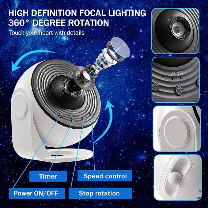 Galaxy Star Projector for Bedroom Ceiling Wall, HD Image Nebula Light with 13 Slide Discs, 360° Rotation Adjustable Knob, Planetarium Lamp for Kids, 1/2H Timer Easy 3-Button Control