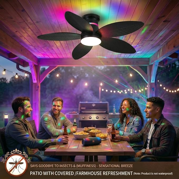 Tropical Palm Leaf RGB Ceiling Fans with Lights 46”, Black Flush Mount Ceiling Fan with Light and Remote, 3CCT Dimmable LED&&Side RGB Light, Reversible 6 Speeds, Quite Low Profile Ceiling Fan Party