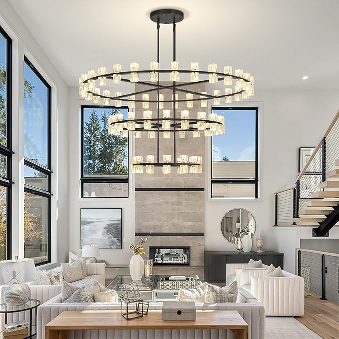 3 Tier Black Large Wagon Wheel Chandelier, 124-Lights Farmhouse Pendant Light Fixture, Rustic Round Chandelier for Foyer Entryway Living Room (Dia 59"+40"+24")