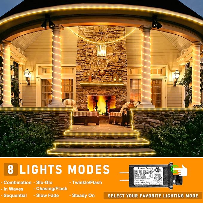 66FT 200 LED Rope Lights Outdoor Waterproof, Connectable Rope Lights for Outside with 8 Modes, Plug in Flexible Tube Lights for Indoor Bedroom Patio Pool Camping Party Decorations, Warm White