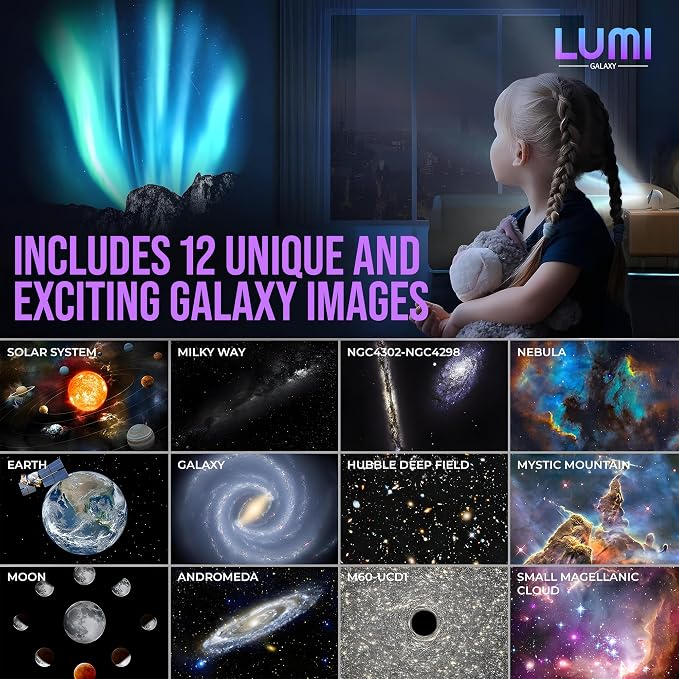 Lumi Galaxy Projector Star Projector Galaxy Light with 12 HD Film Discs | 360° Rotating Planetarium Room Lights for Bedroom Ceiling, Night Light for Kids, Aurora Northern Sky Display, Gift Idea