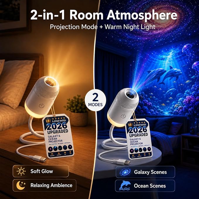 2027 Upgraded Hd Smart Dynamic 5d Holographic Night Light Projector - Plug and Play Hd Star Projector, 360° Adjustable Hd Galaxy and Ocean Projector for Bedroom Ceiling，12 Projection Films