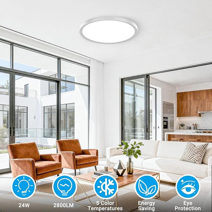 2 Pack LED Flush Mount Ceiling Light,12Inch 24W,3000K/3500K/4000K/5000K/6500K 5 Color Temperatures Ceiling Light Fixture for Kitchen Porch Hallway Bedroom Bathroom and Closet,Brushed Nickel
