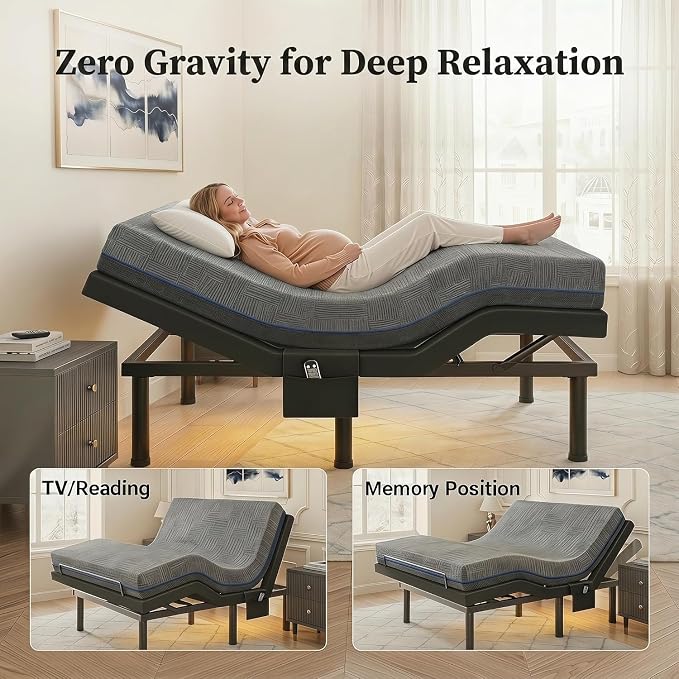 Marsail Queen Adjustable Bed Frame, Dual Motor Electric Bed Base with Head and Foot Incline, Zero Gravity, Wireless Remote Control, 4 USB Ports, LED Night Light, Adjustable Height Legs