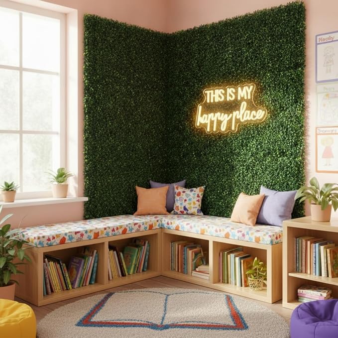 Thyle 10 Pcs Classroom Reading Corner Decoration Set This is My Happy Place | Neon Lights and 9 Pcs Artificial Grass Wall Panels Backdrop Decor for Back to School Library Teen Girls Bedroom