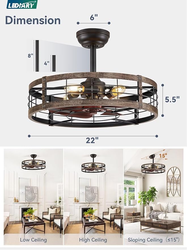 LEDIARY 22 inch Caged Fandelier Ceiling Fan Light with Remote, Black Gold | 6 Speed Adjustable,Timing, Quiet & Powerful DC, Large, Farmhouse, Industrial, Enclosed, Bladeless, Bedroom, Kitchen, Downrod