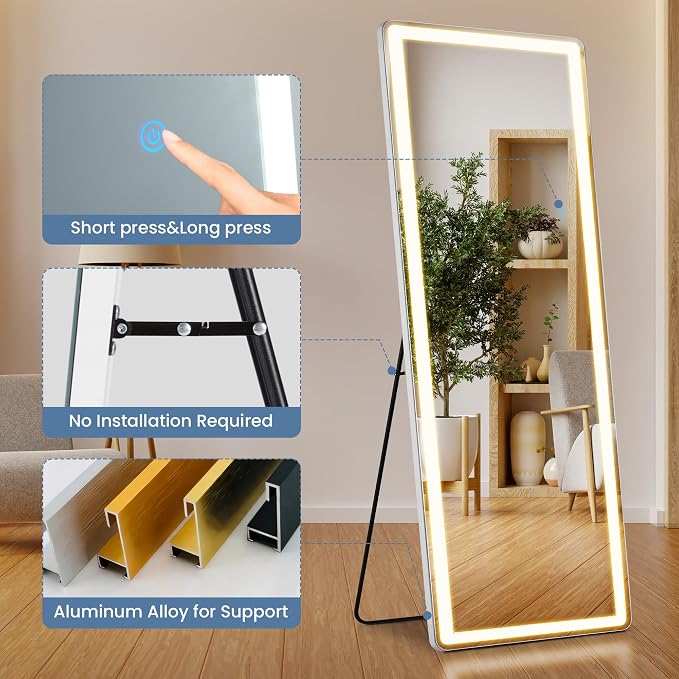 DUMOS Full Length Mirror Lighted, 26"x70" LED Floor Standing Mirror | LED Lights 3 Color Lighting and Shatterproof Tempered Glass, Wall Hanging or Leaning, Floor Standing, Modern Home Decor