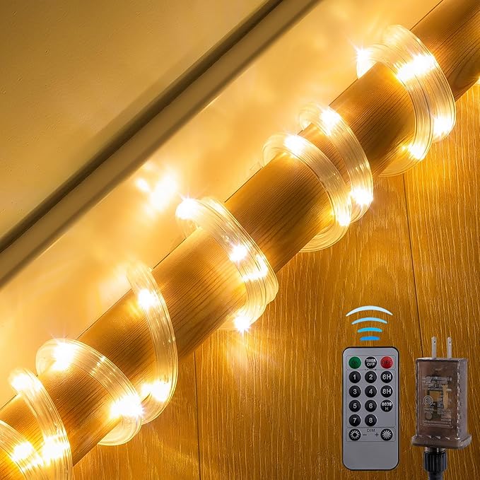 Ripple Tube LED Rope Lights with Remote Control - 8 Modes, 360° Glow,Waterproof for Outdoor/Indoor,Garden,Wedding,Pool,Patio,Christmas Decor (Warm White, 33ft)