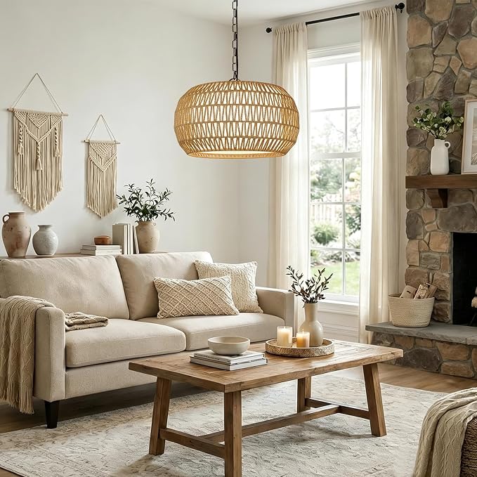9"-52" Height Adjustable Farmhouse Chandelier Light Fixture, 5-Light Rattan Boho Chandeliers for Dining Room, Hand Woven Pendant Light with Linen Shade, Rustic Hanging Lighting for Kitchen Island