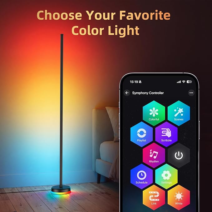 AOC LED Floor Lamp, 2Packs RGBICWW Corner Floor Lamp with Glowing Base | App & Remote Control, 160 Million Colors, 68+ Scenes Color Changing, Ambient Lighting for Bedroom Living Room Home Office