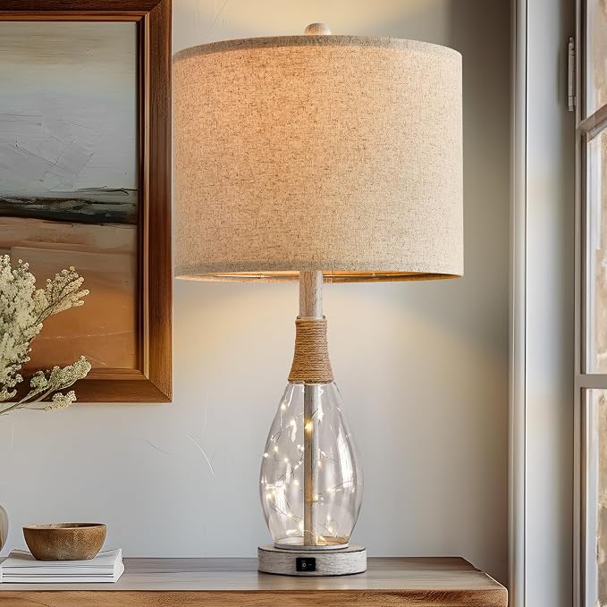 23" USB A+C Table Lamp for Bedroom Living Room Modern Bedside Lamps Retro Farmhouse Rattan Glass Nightstand Nightlight Lamps (White),Two Light Points