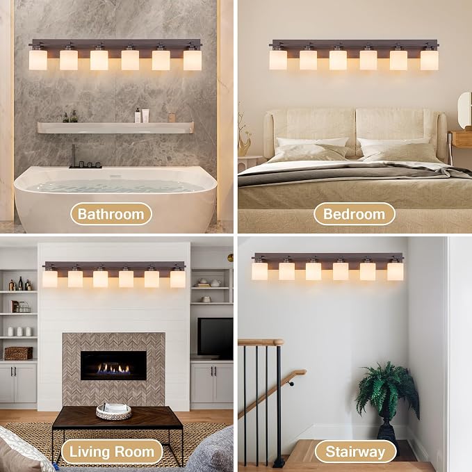 Modern Bathroom Light Fixtures Over Mirror, Vanity Lights for Bathroom Wall Sconces with Milky White Glass Shades, E26 Socket (Bulbs Not Included), 6 Light, Oil Rubbed Bronze