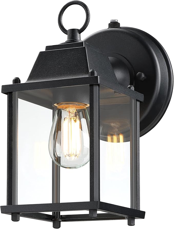 Outdoor Wall Light Fixture, Rustproof Aluminum, Clear Glass | Dusk to Dawn Exterior Porch Light Wall Sconce Lantern for House, Patio, Garage, Waterproof, E26 Socket 60W Max, Black, 1 Pack