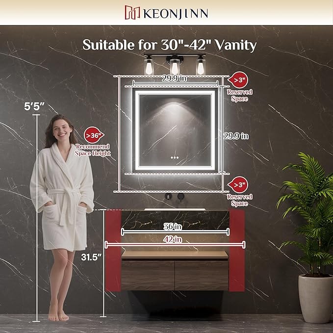 Keonjinn 30 x 30 in Lighted Mirrors for Bathroom Wall with Bluetooth Speaker, Frontlit & Backlit LED Mirror for Bathroom with Dimmable 3 Color Lights, Bluetooth Mirror Bathrooms, Tempered Glass