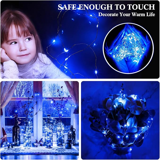 100 Packs Fairy Lights Battery Operated 3 Speed Modes, 7 Ft/ 2 M 20 LED Battery String Mini Waterproof Wire Twinkle Lights Bulk for Wedding Party Birthday Vases Decor (Blue Light)