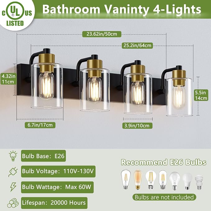 Dpyrrhic Bathroom Light Fixtures,Matte Black and Gold 4-Light Bathroom Lights with Clear Glass Shade,Modern Wall Sconces Over Mirror for Bathroom