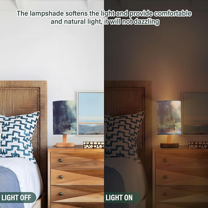 Table Lamp Octopus Pirate Ship Sea Monster Tentacle Sailboat Night Ocean Wave Nightstand Lamp with Wood Base Fabric Lamp Shade Bedside Desk Lamp for Living Room Bedroom Kids Room Office