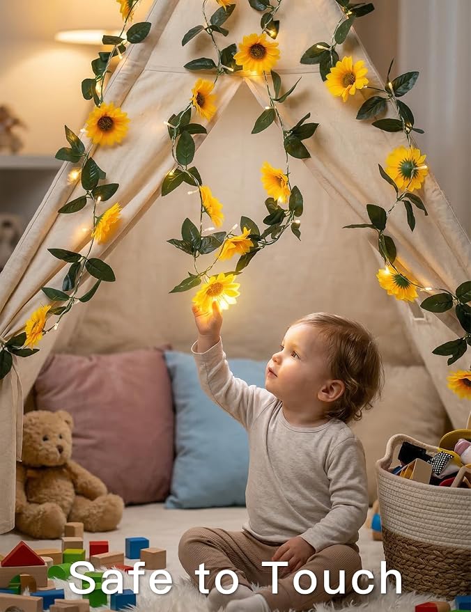 Sunflower Garland with 60LED Fairy Light Battery Operated Clear Wire | Vines with String Lights,with Remote,Flower Hanging Lights for Indoor,Outdoor,Bedroom,Wedding,Wall,Party (Warm White)
