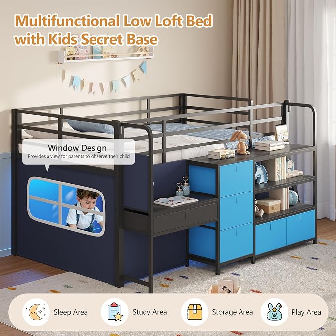 DICTAC Low Loft Bed with Desk and 6 Storage Drawers Twin Loft Bed with Bookshelf,LED Lights & Under-Bed Play Space,Kids Twin Beds with 13.8''H Safety Guardrail,Inclined Ladder&Play Curtain,Blue+Black