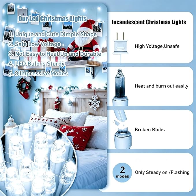 White Christmas Lights - 100 LED 33ft String Lights for Bedroom Indoor, 8 Modes Fairy Twinkle Lights Plug in, Waterproof Outdoor Hanging Lights for Room, Xmas Tree, Garden & Party Decor