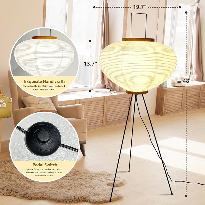 Rice Paper Floor Lamp, Japanese Paper Lantern for Wabi Sabi Decor | Noguchi Style Paper Lamp, Handcrafted Paper Lampshade, Metal Tripod Stand, E26 Base