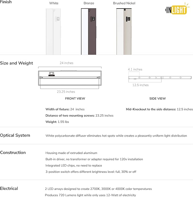 Getinlight 24-inch 3 Color Levels LED Under Cabinet Lighting, Hardwired or Plugged-in, Selectable White 2700K/3000K/4000K, Dimmable, Brushed Nickel Finished, IN-0210-3-SN
