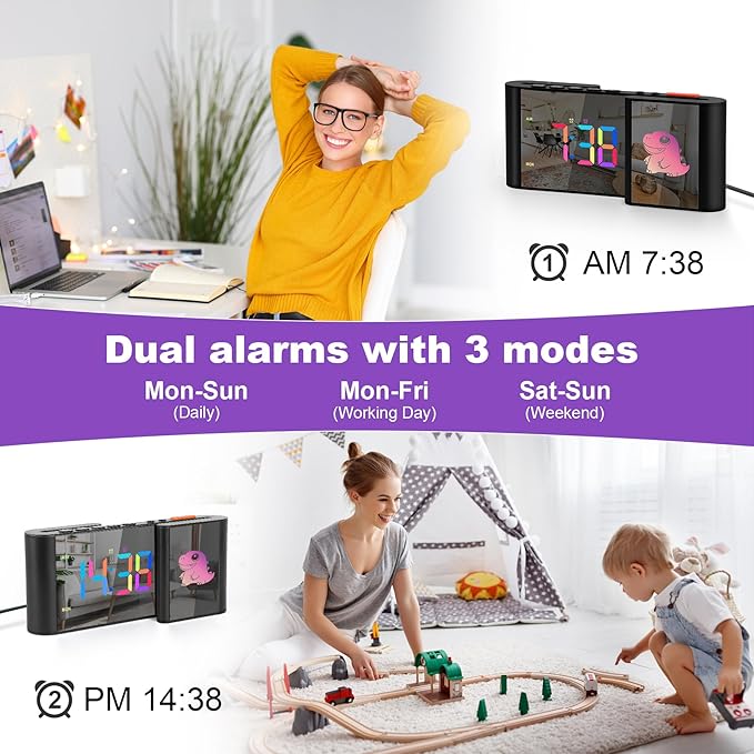 Alarm Clock,Alarm Clocks Bedside with Cute Cartoon,7.2''Large Mirror Clock,11 Colors Digital,10 Color RGB Cartoon,Week Display,Auto Dimming,Dual Alarms,USB Port,5 Levels Volume for Bedroom Table Decor
