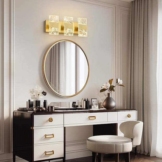 Modern LED Bathroom Light Fixtures Dimmable 3-Light Gold Vanity Light, 5CCT Adjustable Lighting Fixture Vanity Lights Over Mirror, Smoked Acrylic LED Vanity Lights for Bathroom