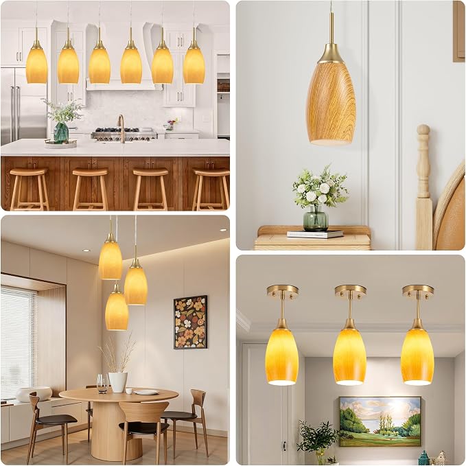 Viinew Mini Glass Pendant Light,3-Pack Walnut Wood Grain Pendant Light | Walnut Wood with Handblown Art Glass Ceiling Light,4.72" Oval Chandelier for Kitchen Island Cafe Hallway