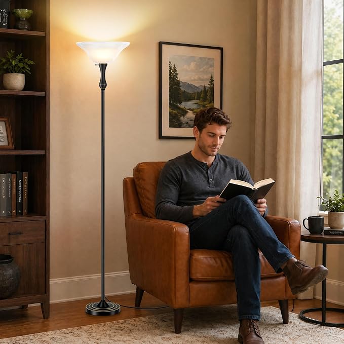 Dimmable LED Torchiere Floor Lamp with Glass Shade | Standing Lamp with Remote & Knob Switch, 3 Color Temperatures, 9W Bulb Included, 69.3" Tall for Living Room, Bedroom & Office