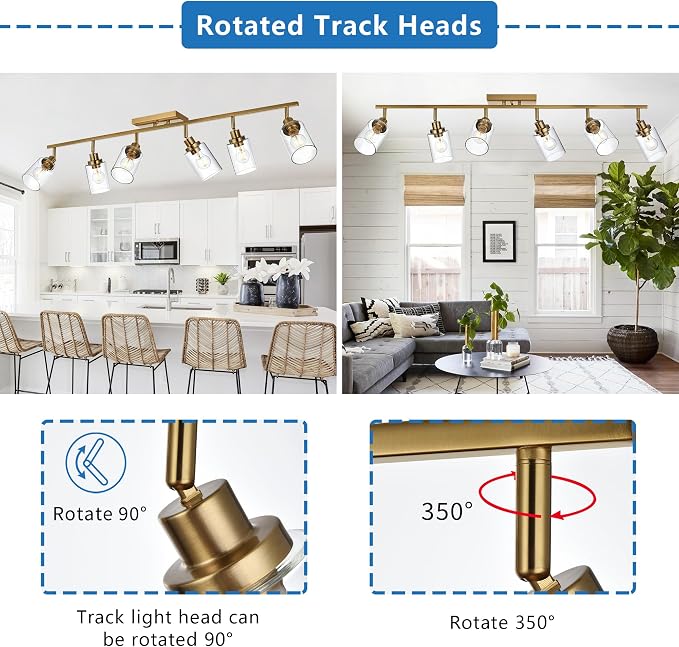 MELUCEE 6 Light Multi-Directional Rotating Track Lighting Kit Brass | Bathroom Vanity Light Fixtures 45.3 Inch Ceiling Spotlight Fixture for Kitchen Foyer Bath, Clear Glass Shade