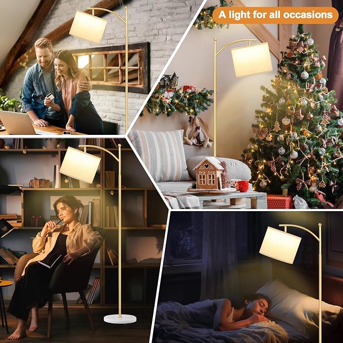 60" Floor Lamp for Living Room with 3 Color Temperatures, Gold Standing Lamp with White Marble Base, Modern Tall Lamp for Bedroom Office, 9W LED Bulb Included