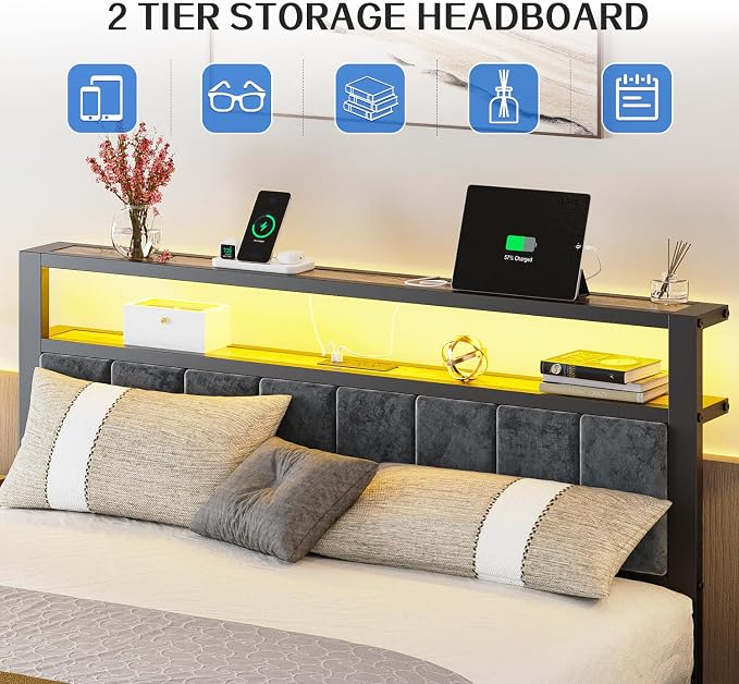 Liians Queen Size Bed Frame with 2-Tier Storage Shelf Headboard, LED Lights | Usb+Type C Charging Station, Metal Platform Bed, No Box Spring Needed, Noise Free, Easy Assembly