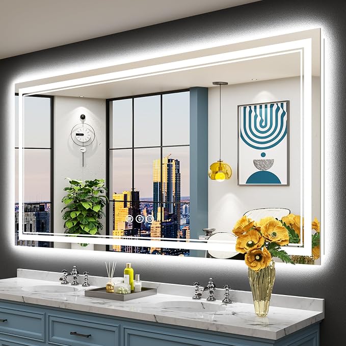 72x40 LED Bathroom Mirror, Backlit & Front Lit Lighted Mirror | Anti-Fog Vanity Mirror with Lights, 3 Color Dimmable, Memory, Shatterproof, Tempered Glass, CRI95, UL Listed, Wall Mounted