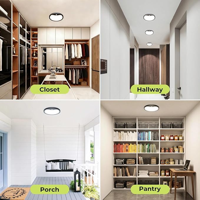 hepside 4 Pack Motion Sensor Ceiling Light Wired, 3000K/4000K/6500K LED Flush Mount Ceiling Light Fixture, 8.7Inch 18W Motion Sensor Light with Timer for Closet Stair Porch Hallway Pantry,Black