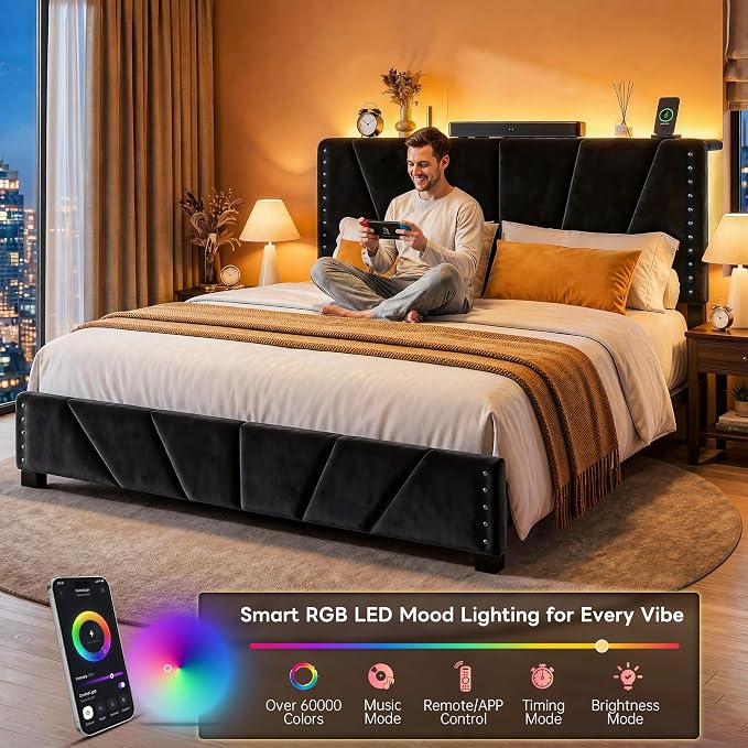 EnHomee King Size Bed Frame with LED Lights & USB, Noise-Free, Black | Adjustable Velvet Headboard，Under-Bed Storage，Heavy Duty Support with 12 Slats，No Box Spring Needed，Easy Assembly for Bedroom