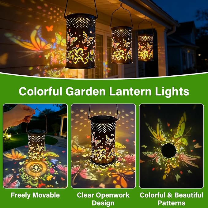Colorful Solar Lanterns Outdoor Waterproof, Garden Decor LED Butterfly Solar Lights Gifts for Women Mom Sister Grandma, Metal Hanging Lantern for Outside Table Tree Garden Patio Yard Lawn Porch Decor