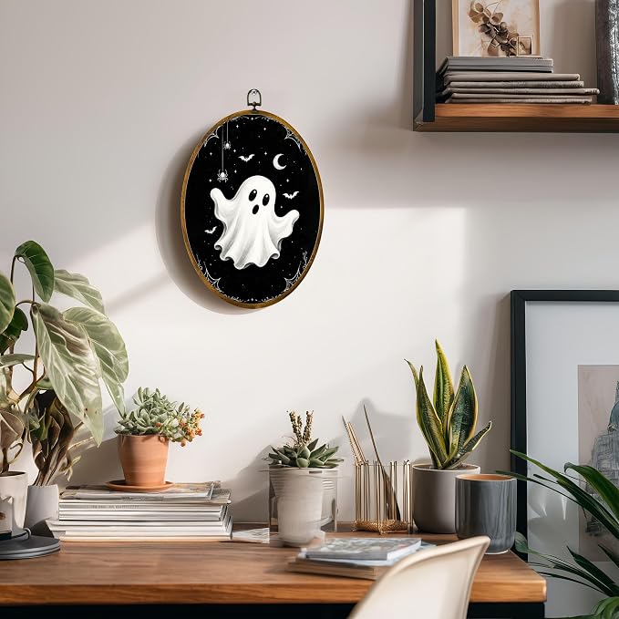 Black White Ghost Oval Wall Art, Framed Canvas Decor, 8.5x11.5 Inch | White ghost on black sky, bats, spiders, stars and crescent moon Halloween decor