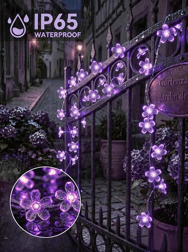 Flower Battery Operated Indoor String Lights 30L Cherry Blossom Fairy Light | Waterproof Outdoor Garden Party Camping Birthday Wedding Room Purple